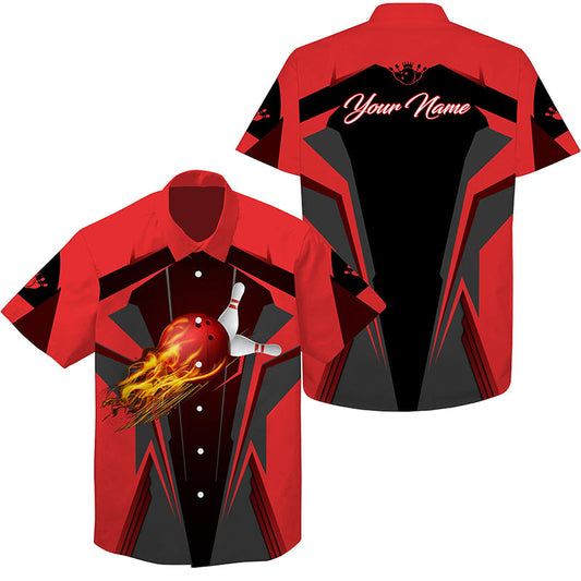 Personalized Hawaiian Bowling Shirts Flame Bowling Ball And Pins, Bowling Shirt For Men Bowlers Multicolor HO4023