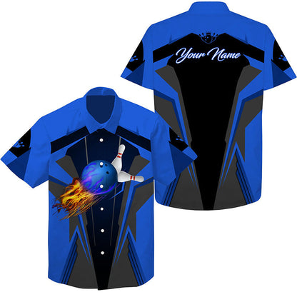 Personalized Hawaiian Bowling Shirts Flame Bowling Ball And Pins, Bowling Shirt For Men Bowlers Multicolor HO4023