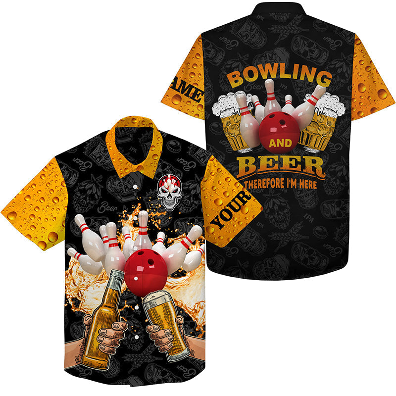 Funny Bowling Beer Skull Hawaiian Bowling Shirts Custom Name Bowling And Beer Therefore I'M Here HO4024