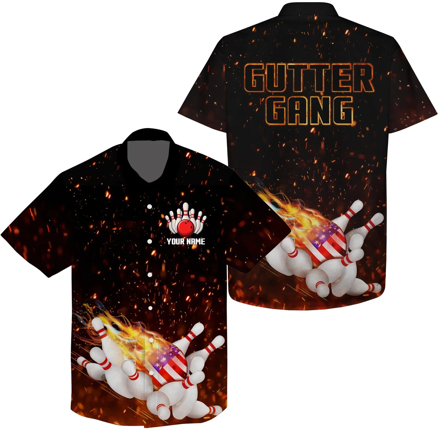 Personalized Flame American Flag Bowling Hawaiian Shirt Custom Gutter Gang Team Bowling Shirts HO4029