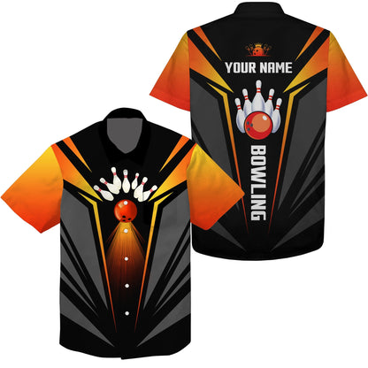 Custom Hawaiian Bowling Shirts Bowling Ball And Pins Team Shirt, Black Orange Bowl Shirts HO4028