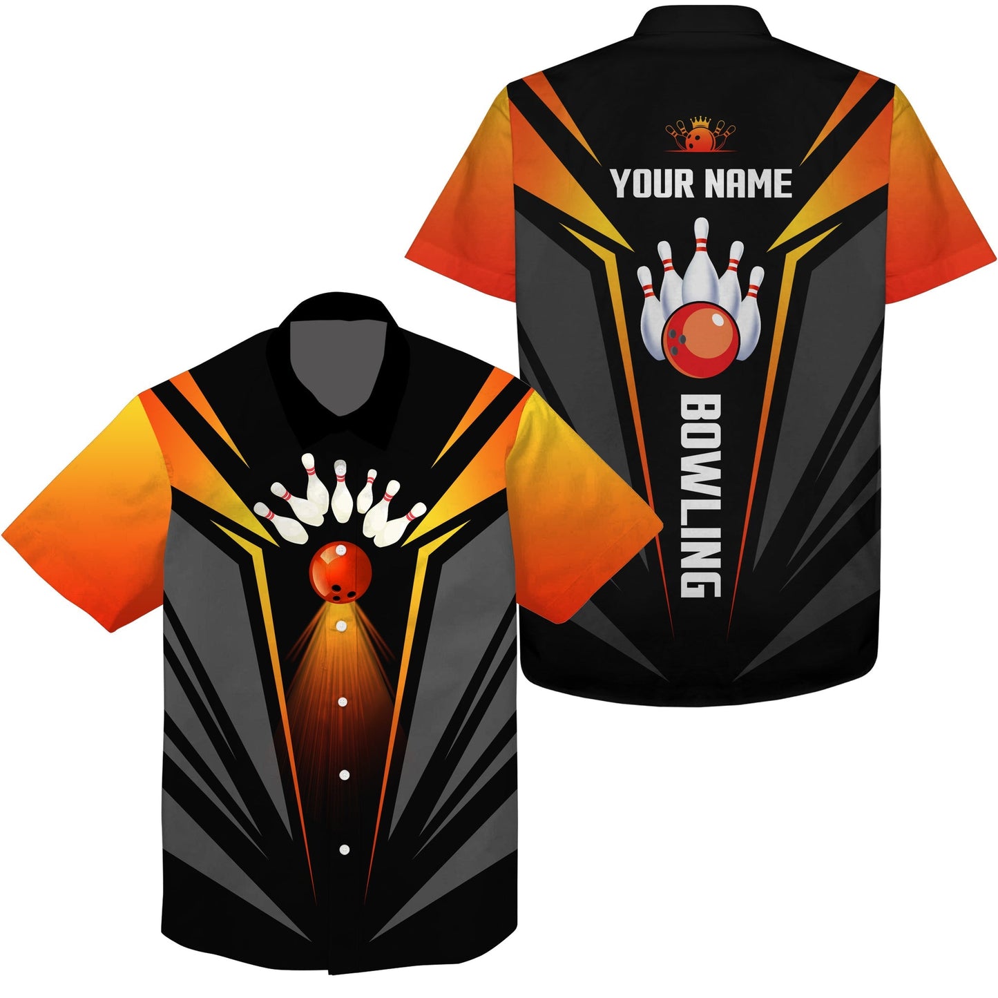 Custom Hawaiian Bowling Shirts Bowling Ball And Pins Team Shirt, Black Orange Bowl Shirts HO4028
