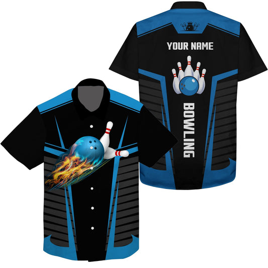 Customize Hawaiian Bowling Shirts With Flame Bowling Balls And Pins Black Blue Bowling Shirts For Men HO4006