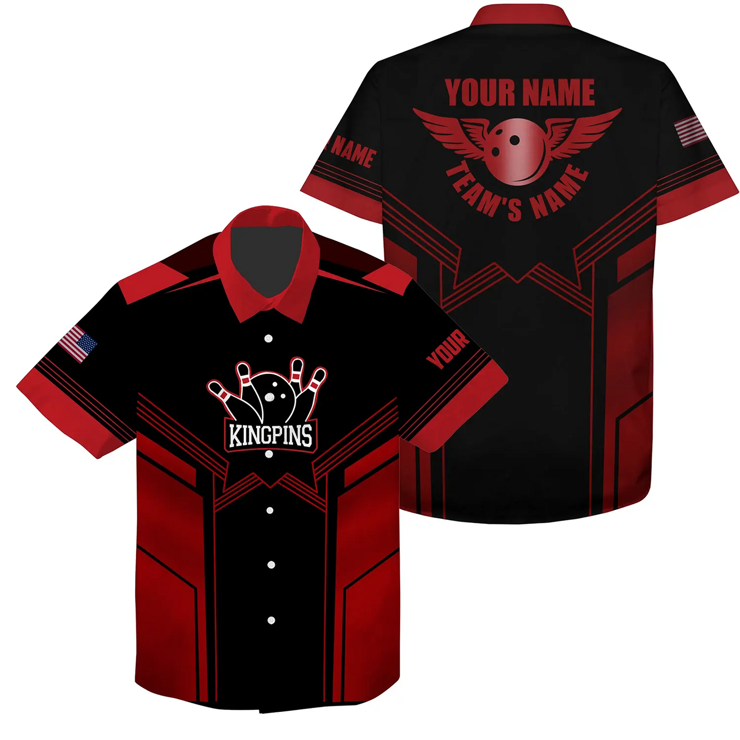 Red And Black Bowling Hawaiian Shirt For Men Custom Name And Team Name Mens Bowling Team Shirts HO4016