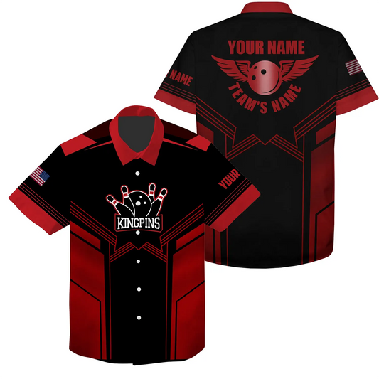 Red And Black Bowling Hawaiian Shirt For Men Custom Name And Team Name Mens Bowling Team Shirts HO4016