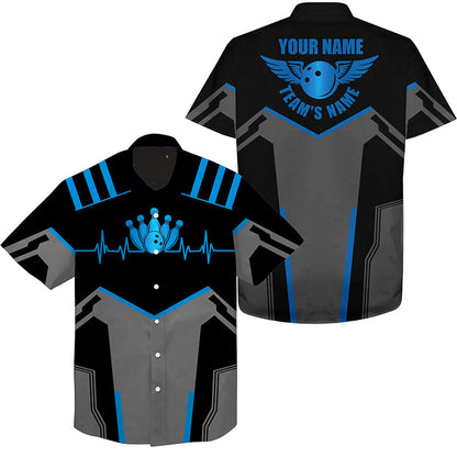 Multi Color Bowling Hawaiian Shirt Custom Name And Team Name Blue Bowling Ball And Pins, Team Bowling Shirts HO4027