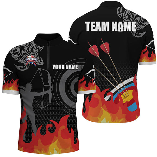 Lasfour Personalized Flame 3D Target Archery Silhouette Archer 3D Zipper Polo Shirt AA0066