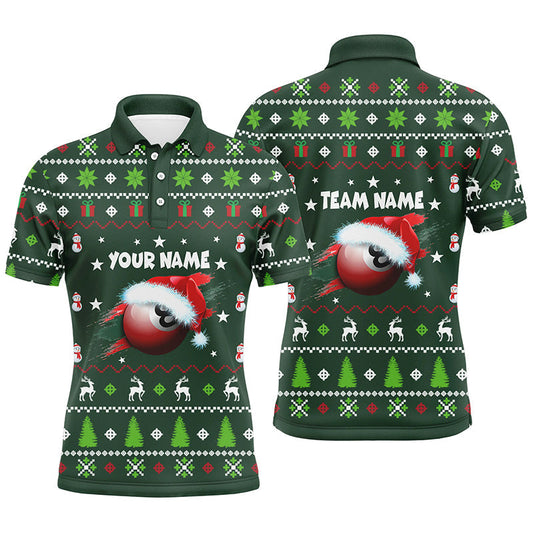 Lasfour Personalized Green Red Christmas 8 Ball Billiard Polo Shirts For Men, Christmas Billiards BIA0343