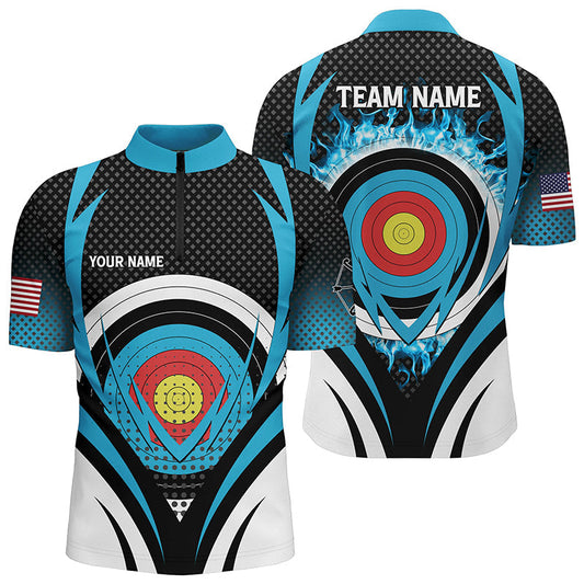 Lasfour Blue Flaming Archery Target Board Custom Men 3D Zipper Polo Shirt AA0057