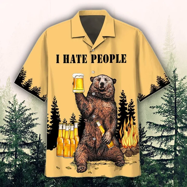 Bear Drinking Beer Summer Hawaiian Shirt, I Hate People Beer With Mug Beer Gold Theme Hawaiian Shirt HO2005