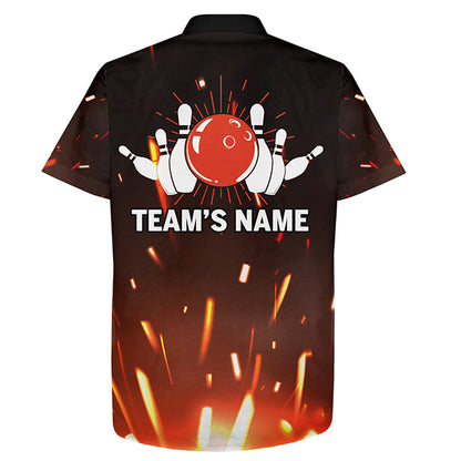 Personalized Hawaiian Bowling Shirt Flame, Bowling Ball and Pins Short Sleeve Team Bowlers Jersey HO2796