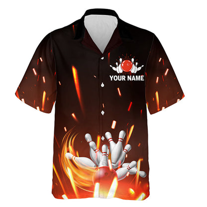 Personalized Hawaiian Bowling Shirt Flame Bowling Ball and Pins Short Sleeve Team Bowlers HO4003