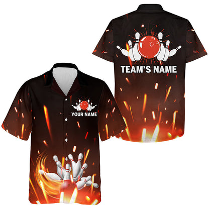 Personalized Hawaiian Bowling Shirt Flame, Bowling Ball and Pins Short Sleeve Team Bowlers Jersey HO2796