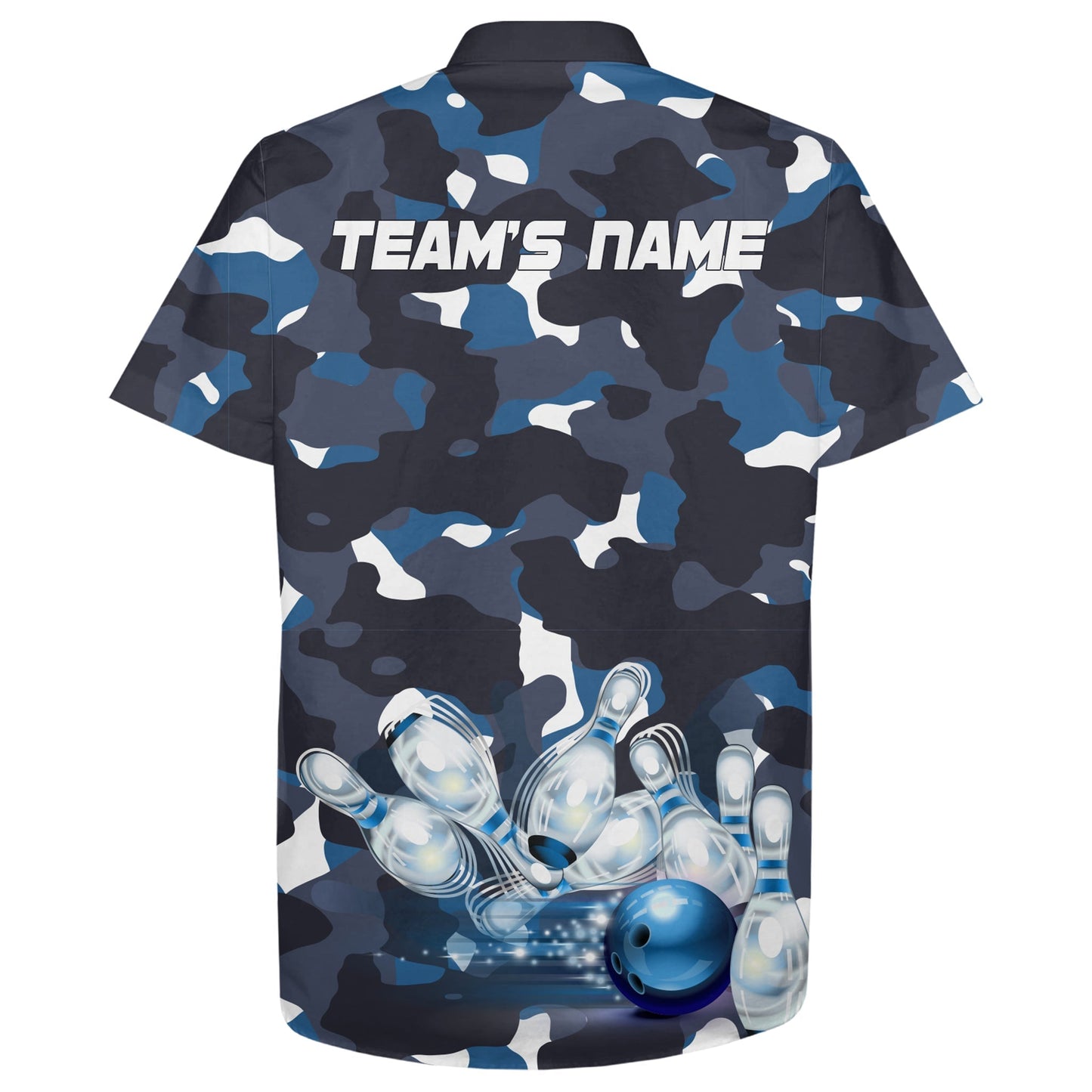 Blue Camo Hawaiian Bowling Shirt for Men Women, Custom Team Name Short Sleeve Bowlers Jersey HO2787
