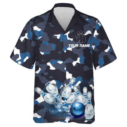 Blue Camo Hawaiian Bowling Shirt for Men Women, Custom Team Name Short Sleeve Bowlers Jersey HO2787