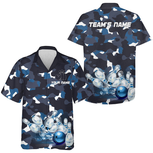 Blue Camo Hawaiian Bowling Shirt for Men Women, Custom Team Name Short Sleeve Bowlers Jersey HO2787