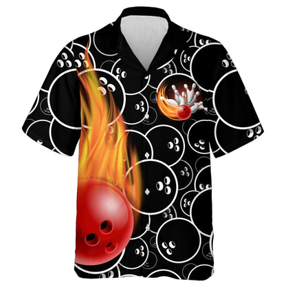 Personalized Flame Hawaiian Bowling Shirt, Men Women Skull Pins Black Bowlers Short Sleeve Jersey HO2797