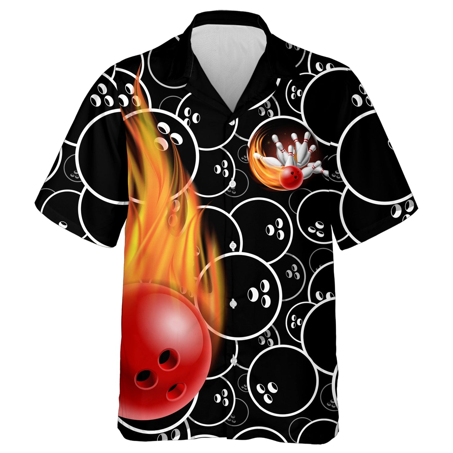 Personalized Flame Hawaiian Bowling Shirt, Men Women Skull Pins Black Bowlers HO4017