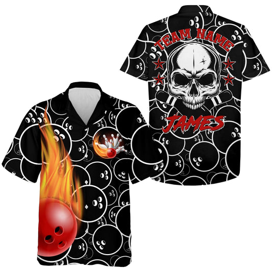 Personalized Flame Hawaiian Bowling Shirt, Men Women Skull Pins Black Bowlers Short Sleeve Jersey HO2797