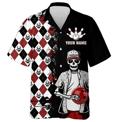 Skull Hawaiian Bowling Shirt Men Women, Personalized Name Argyle Bowling Pattern Bowler Team Jersey HO2792