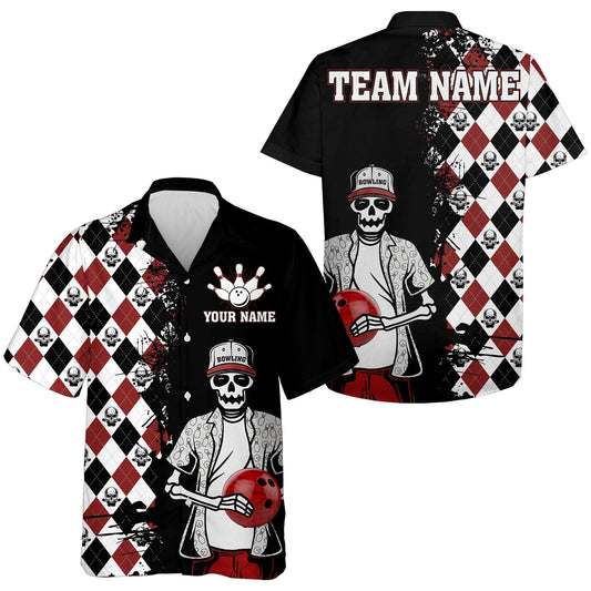 Skull Hawaiian Bowling Shirt Men Women, Personalized Name Argyle Bowling Pattern Bowler Team Jersey HO2792