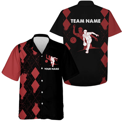 Custom Hawaiian Bowling Shirt, Personalized Name Red&Black Bowler Team Jersey for Bowling Lovers HO2793