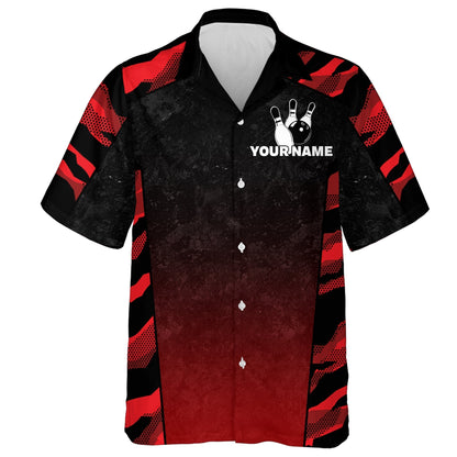 Red Camo Hawaiian Bowling Shirt For Men, Custom Name Team Name Bowling Jersey Strike Bowling Shirt HO2785