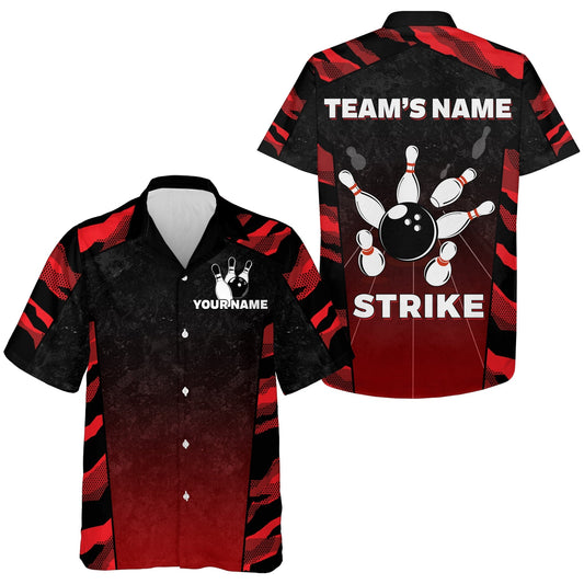 Red Camo Hawaiian Bowling Shirt For Men Custom Name Team Name Bowling 3D Hawaiian Strike Bowling Shirt HO4007