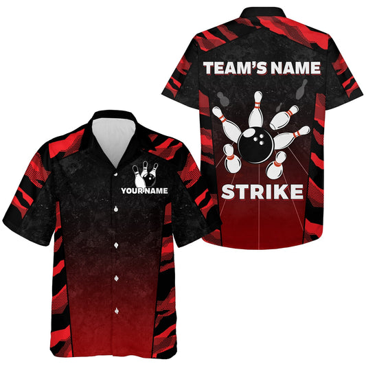 Red Camo Hawaiian Bowling Shirt For Men, Custom Name Team Name Bowling Jersey Strike Bowling Shirt HO2785