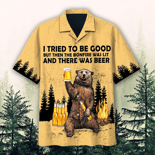 Hawaiian bear shirts, Bear drink beer t-shirt hawaii, There Was Beer Watercolor Design Hawaiian Shirt HO2004