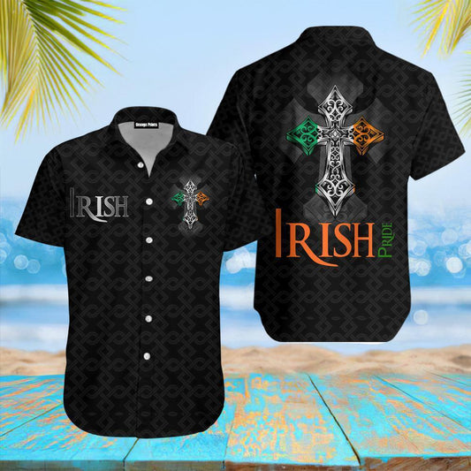 Hawaiian Aloha Shirts, American Irish Flag With Celtic Cross Drinking Skeleton Hawaii Shirt - Gift For Irish HO4453