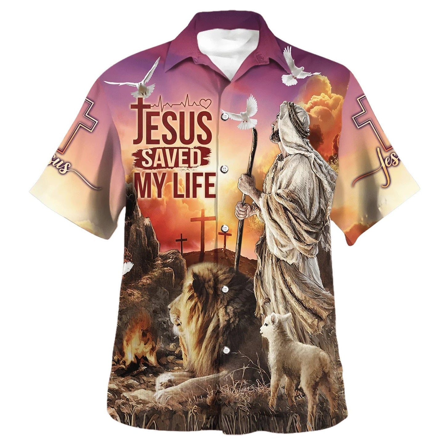 Jesus Saved My Life With The Lamb And Lion Hawaiian Shirt - Christian Hawaiian Shirt - Religious Hawaiian Shirts HO3361