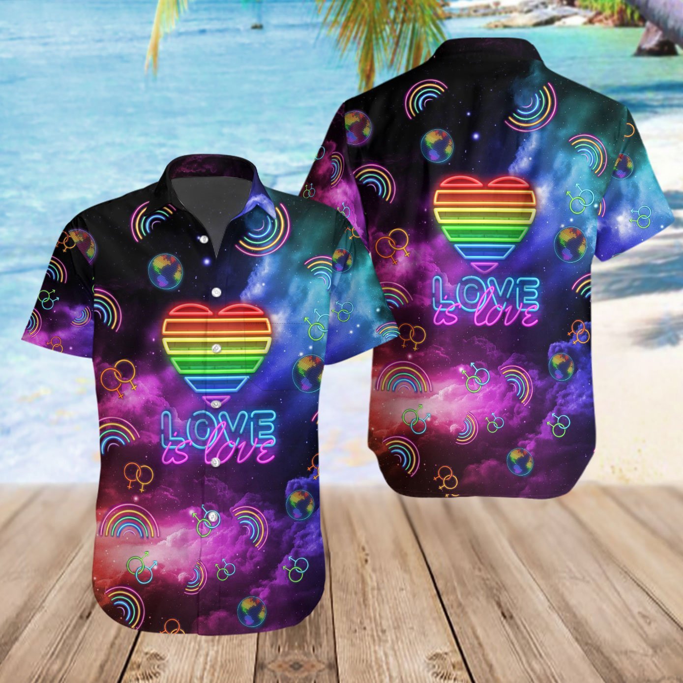 LGBT Hawaiian Shirt Neon Lights Love Is Love Space Galaxy Hawaii Aloha Shirt HO2919