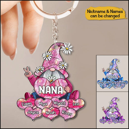 Sparkling Colorful Gnome Grandma- Mom With Sweet Heart Kids Personalized Acrylic Keychain KO0296