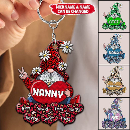 Colorful Leopard Grandma- Mom Gnome Loves Sweet Heart Kids, Mother's Day Personalized Acrylic Keychain KO0297