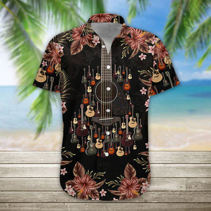 3D Acoustic Guitar Hawaii Shirt, Guitar Hawaiian Shirts Casual Short Sleeve Guitar Shirt Men HO1147
