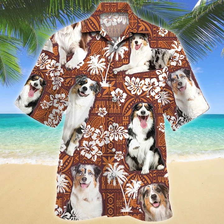 Lovely Design Australian Shepherd Dog Red Tribal Pattern Hawaiian Shirt HO1876