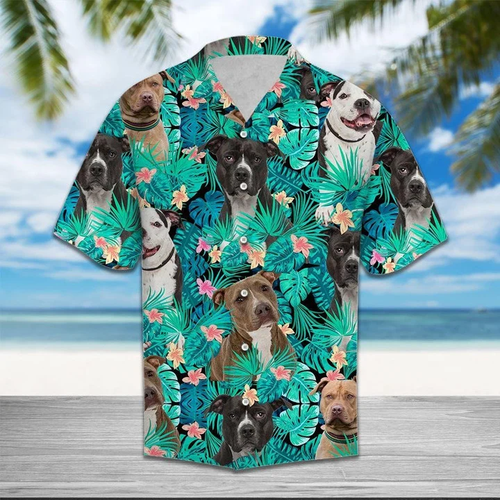 Lovely Pit Bull On Leaves Design Hawaiian Shirt HO1929