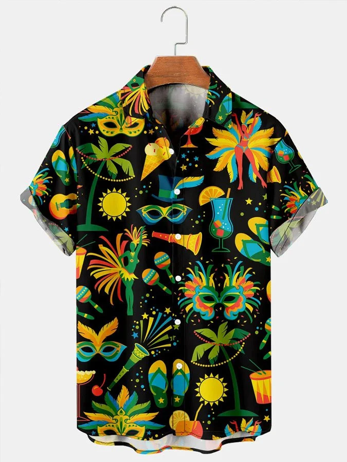 Men's Vintage Shirts Mardi Gras Graphic Casual Breathable Short Sleeve Hawaiian Shirt HO0564