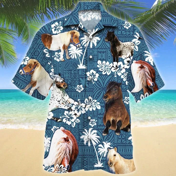 Miniature Horse Blue Tribal Pattern Hawaiian Shirt, Horse Hawaiian shirts, Horse aloha shirt for men, Hawaii shirt woman HO2643