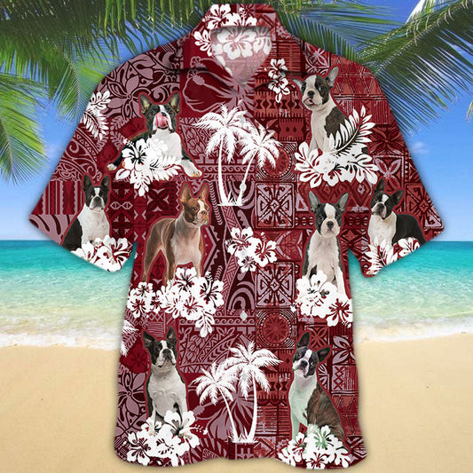 Boston Terrier Hawaiian Shirt, Dog Aloha Beach Shirt Red Tribal Pattern HO5165