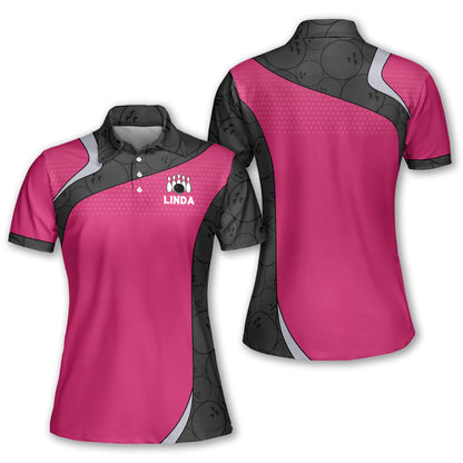 Custom Bowling Shirts For Women - Bowling Shirts Custom For Women - Pink And Black Bowling Shirt Ladies - 3D Printed Short Sleeve Polo Bowling Shirts BW0023
