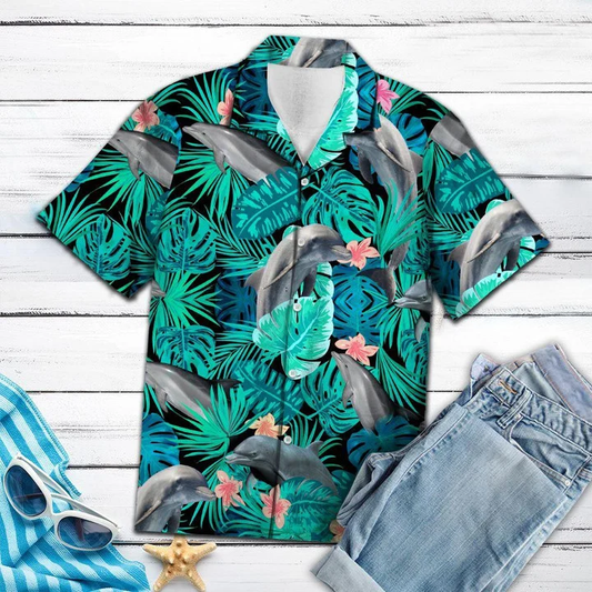 Dolphin Amazing Hawaiian Shirt, Marine Dolphin Tropical Jungle Design Hawaiian Shirt HO2086