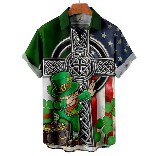 Men's St. Patrick's Day Fun Flag Panel Print Short Sleeve hawaiian Shirt PO0166