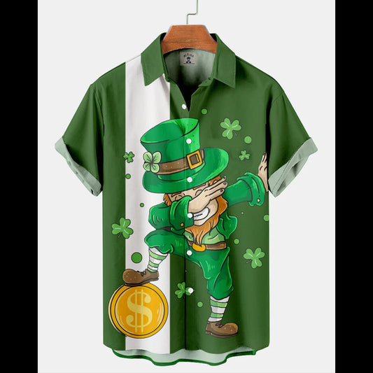 Men's St. Patrick's Day Spooky Elf Print Color Block Short Sleeve hawaiian Shirt PO0165