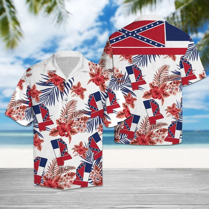 Mississippi Map With Hibiscus In White Hawaiian Shirt HO1418