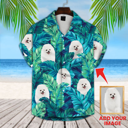 Turquoise And Blue Tropical Leaves Pattern Short-Sleeve Hawaiian Shirt, Personalized Photo Dog Hawaiian Shirt HO4376