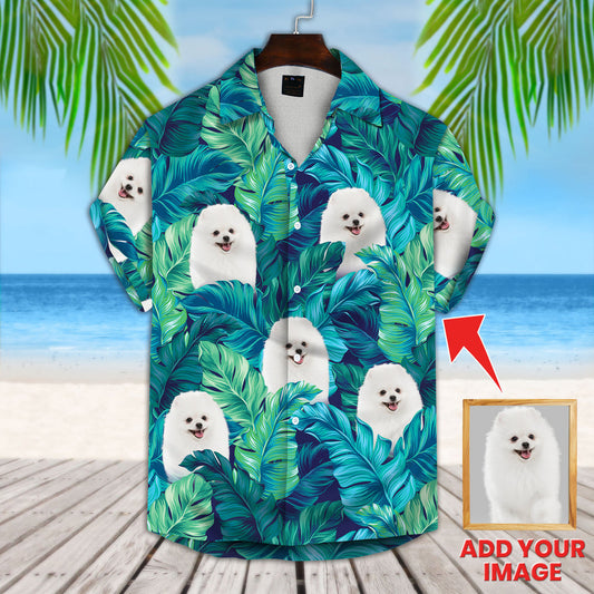 Turquoise And Blue Tropical Leaves Pattern Short-Sleeve Hawaiian Shirt, Personalized Photo Dog Hawaiian Shirt HO4376