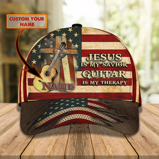 Jesus Is My Savivor Guitar Is My Therapy Personalized Name Cap For Guitar Man, Jesus Guitar Cap Hat CO0441