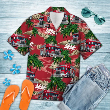 Multicolor Firefighter Car Palm Island Pattern Hawaiian Shirt HO1907